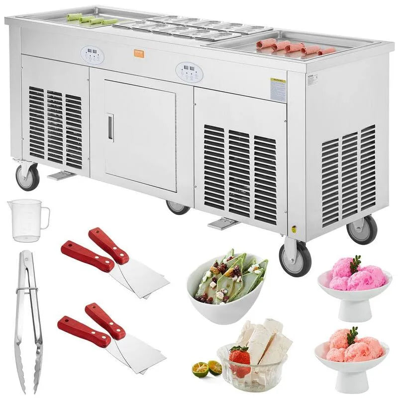 Macchina di rotolamento del gelato fritto 2Pcs, 17. 7in, acciaio inossidabile, acciaio inossidabile con compressore e 4 cecchini, 17.7 x 17.7in