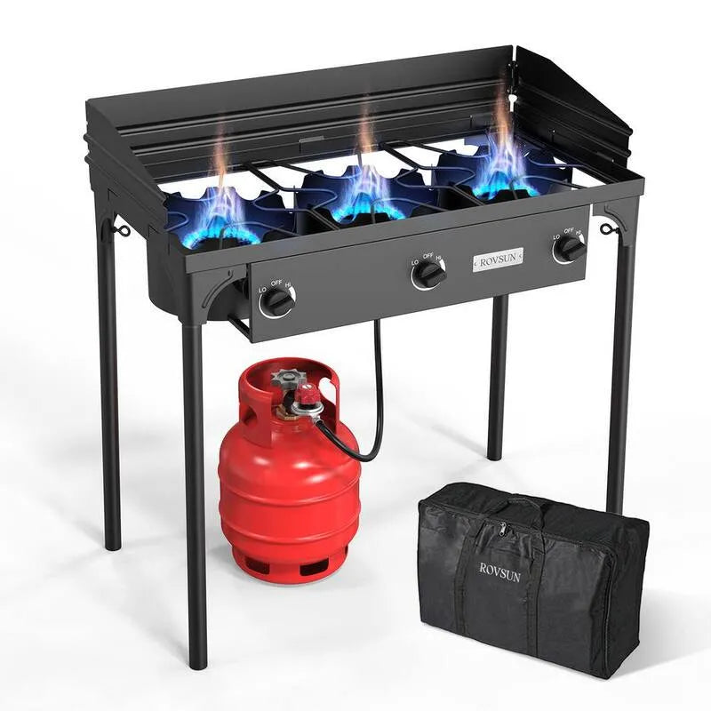 Cuocere a gas Propane all'aperto ad alta pressione 3-Burner, Propane liquido, 225000 BTU, Stufa da campeggio 3-Burner con Windpanel, 225,000 BTU