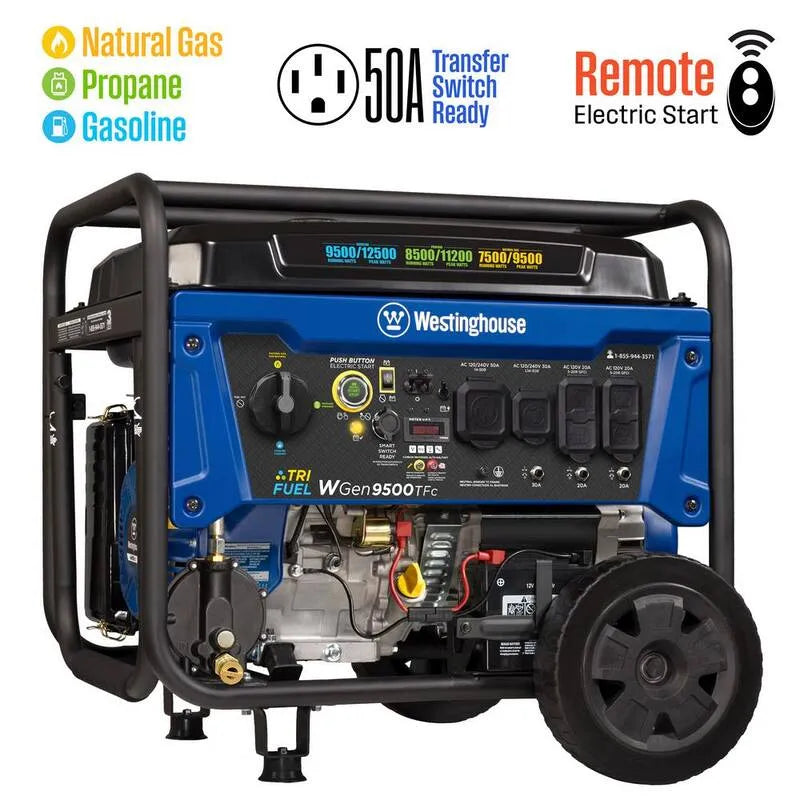 9500-Watt Westinghouse Generatore portatile di 9500 watt, progettazione portatile compatta, propano liquido, uscita 50A, con telecomando