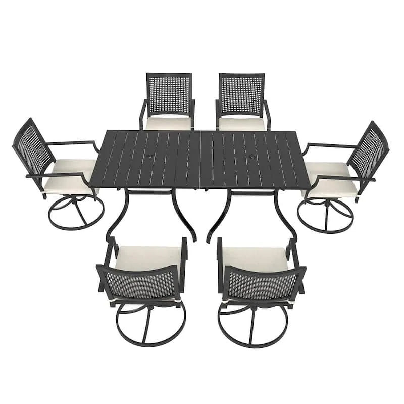 8 pezzi Set da pranzo all'aperto in metallo di pezzi 8 pezzi, tavolo quadrato con tavolo quadrato con sedie da pranzo in velluto a ombrello Hole con cuscini in beige