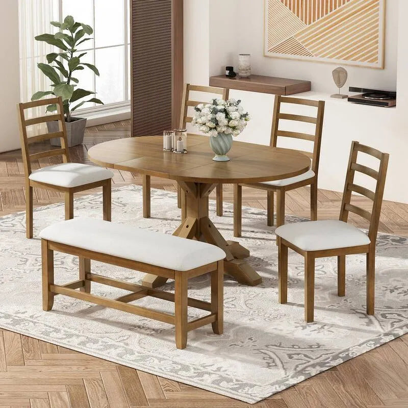 Set da pranzo esterno estendibile in legno marrone 6 pezzi, panchina 4 sedie da pranzo posteriori, bianco