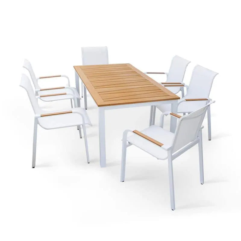 Tavolo da pranzo 7 pezzi, 29. 5 in., da esterno, Patio, Legno, Bianco, 29.5 in