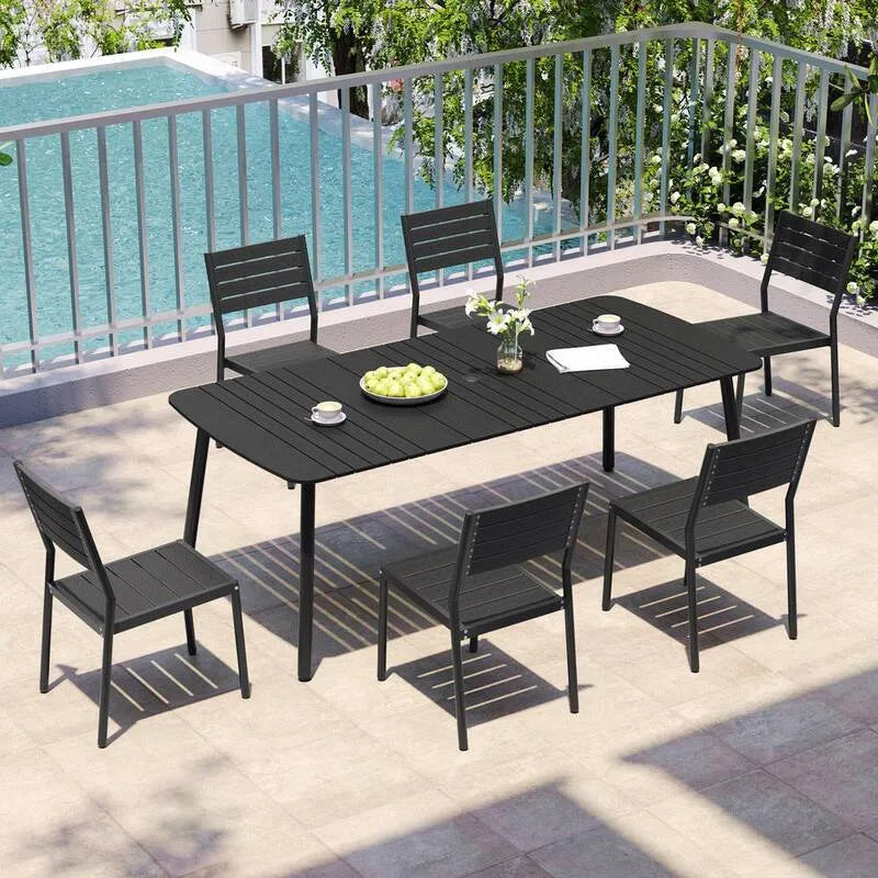 Set da pranzo all'aperto del patio del rettangolo di alluminio 7 pezzi, 1. 8 in., Foro dell'ombrello, 1.8 in, Nero, Set da pranzo da esterno