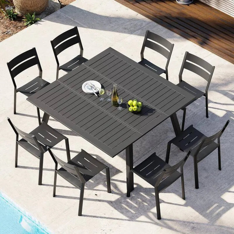 Tavolo da pranzo grigio alluminio espandibile all'aperto, scuro, set di 9, Grigio scuro, Set da pranzo da esterno