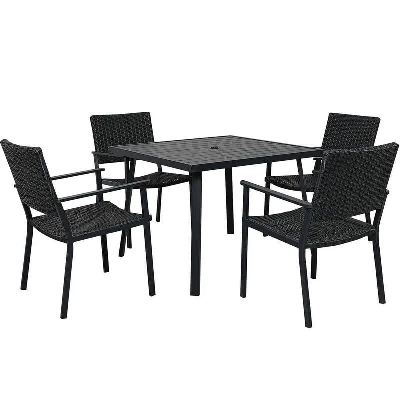 Tavolo da pranzo 5 pezzi, da esterno, Patio, Metallo, Legno