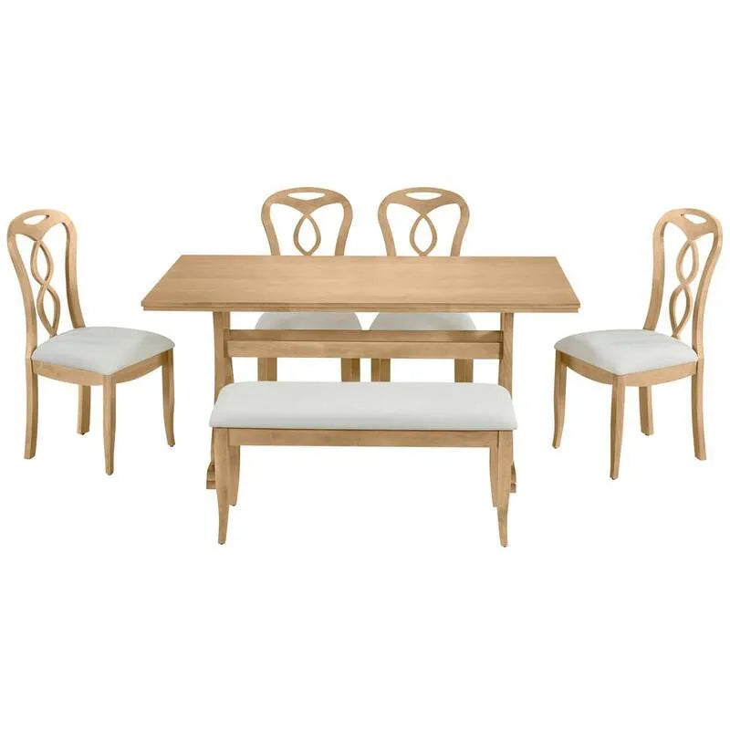 Tavolo da pranzo 6 pezzi legno all'aperto Set da pranzo, panca da pranzo e cuscino Beige