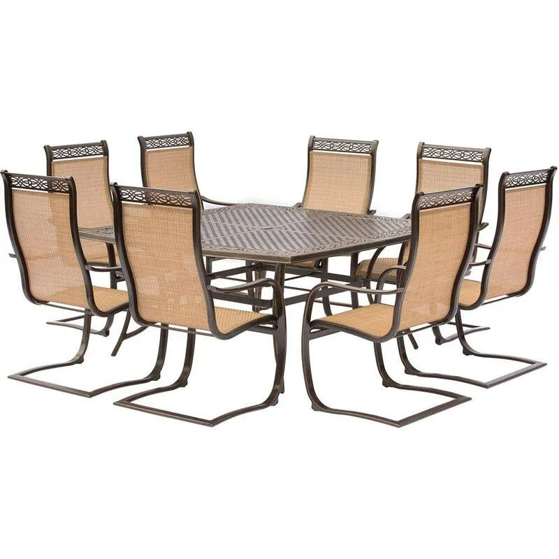 Set da pranzo all'aperto quadrato di alluminio di pezzi 9 pezzi, in alluminio quadrato esterno di pranzo con sedie a sling di primavera e tavolo da colata, orlo