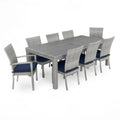 9 pezzi Set da pranzo all'aperto con rattan sintetico, 9 piani, Cannes, rattan sintetico Set da pranzo all'aperto con cuscino blu della marina Sunbrella