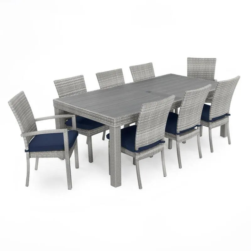 9 pezzi Set da pranzo all'aperto con rattan sintetico, 9 piani, Cannes, rattan sintetico Set da pranzo all'aperto con cuscino blu della marina Sunbrella