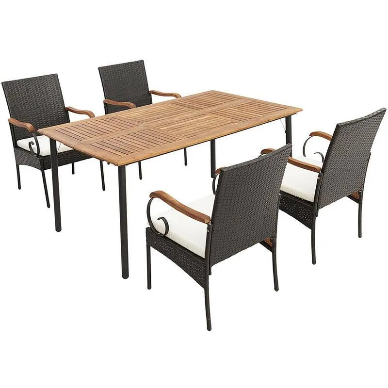 5 pezzi Set da pranzo all'aperto per pezzi 5 pezzi, rattan sintetico Set da pranzo all'aperto Poltrone da tavolo in legno di Acacia con rigogliole e foro ombrella