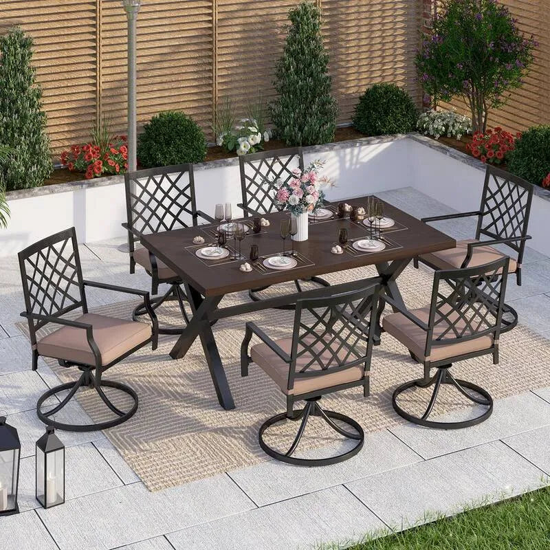 Set da pranzo all'aperto del patio del metallo del pezzo 7 pezzi, nero, legno, beige, Set da pranzo da esterno