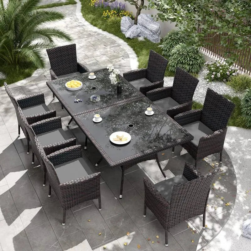 Set da pranzo all'aperto del patio del piatto 10 pezzi, 1, 5 in., 1, 5 in. Foro dell'ombrello e cuscino grigio, 1.5 in