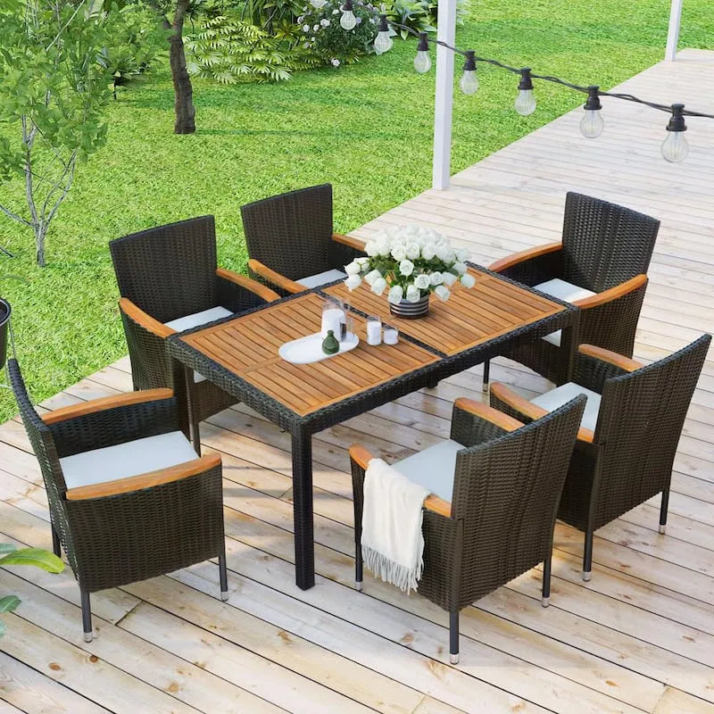 Tavolo da pranzo Patio Rattan 7 pezzi, marrone, rattan sintetico Set da pranzo all'aperto, Legno, Bianco, Set da pranzo da esterno