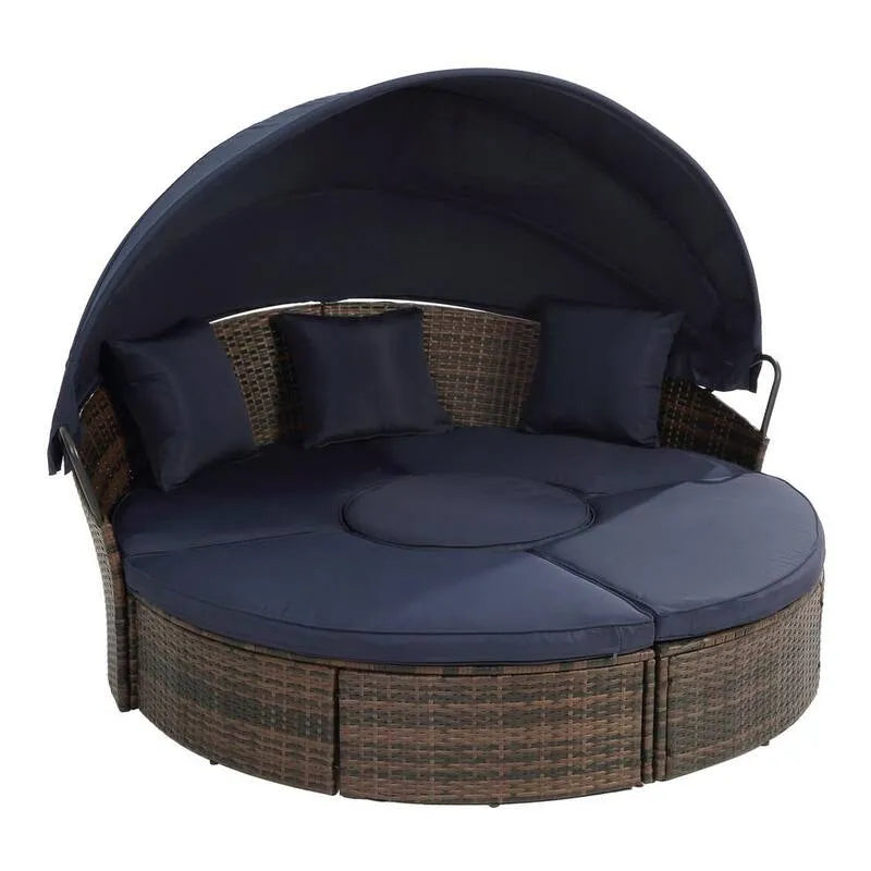 Divano Bali Canopy Bed Round Lounge, Cuscini blu, rattan sintetico da esterno Day Bed con Canopy