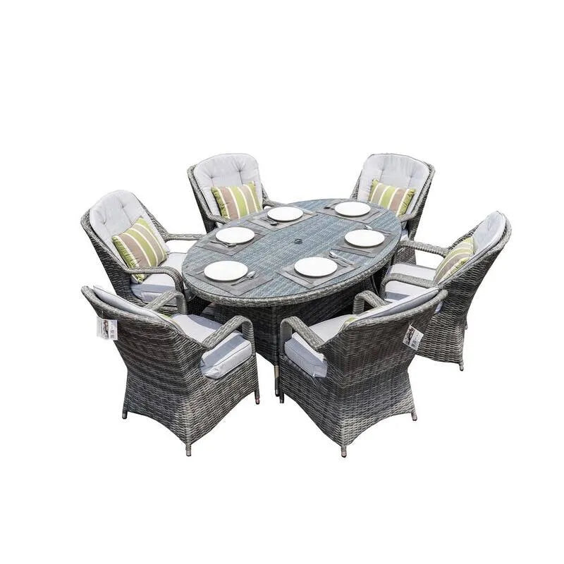 7 pezzi Set da pranzo all'aperto 7 pezzi Wicker Oval, grigio Wicker Oval Set da pranzo all'aperto con cuscini grigi