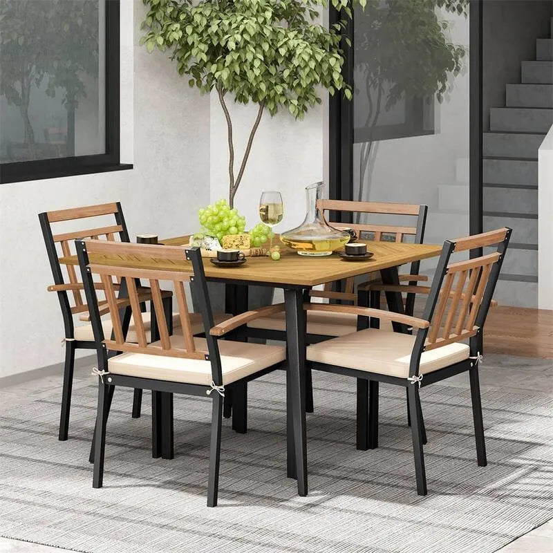 5 pezzi Set da pranzo all'aperto in legno di pezza, nero, set da pranzo all'aperto in legno con cuscino beige