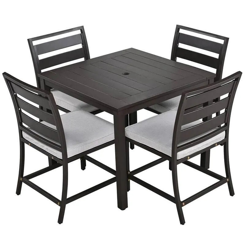 5 pezzi Set da pranzo all'aperto in metallo di pezzatura 5 pezzi, scuro, marrone set da pranzo all'aperto in metallo con cuscino grigio, Set da pranzo da esterno