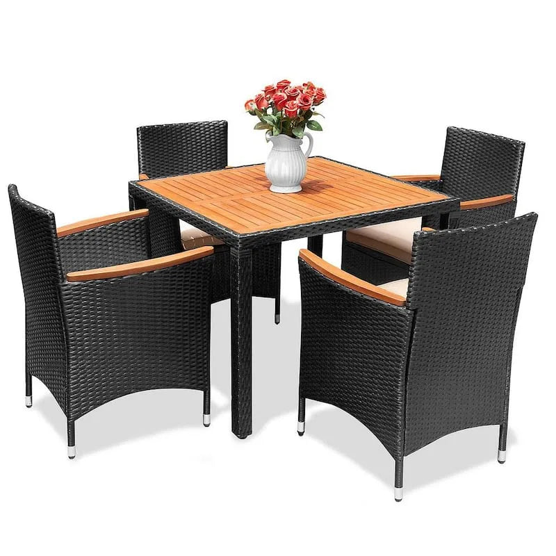 Set da pranzo all'aperto di legno e rattan sintetico 5 pezzi, Beige