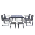 Set da pranzo all'aperto con tavolo in vetro 9 pezzi, patio, metallo, grigio
