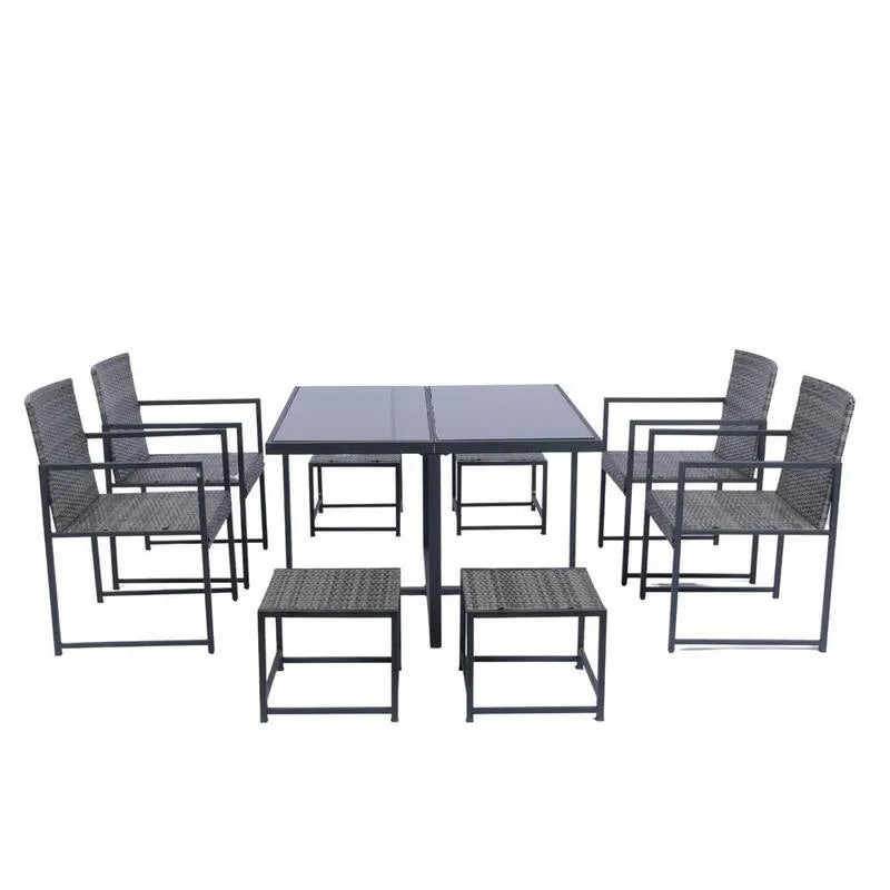 Set da pranzo all'aperto con tavolo in vetro 9 pezzi, patio, metallo, grigio