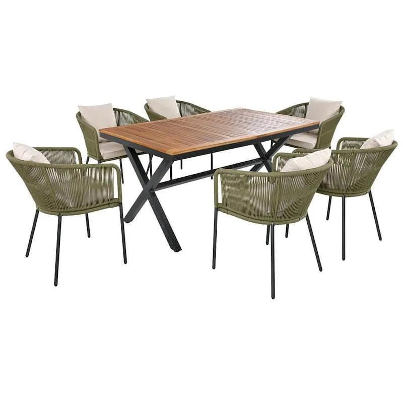7 pezzi Set da pranzo all'aperto verde a corda 7 pezzi, metallo, marrone, legno, beige