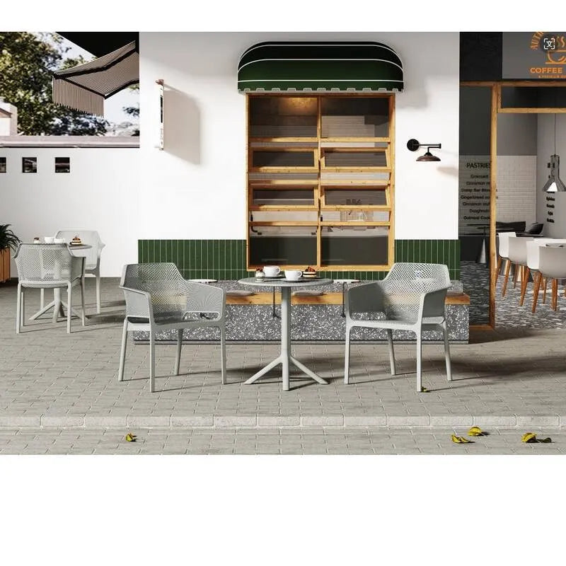 Luce del pezzo 3 pezzi, Luce grigio plastica esterna Bistro Conversazione Set con tavolo rotondo e sedile allargato, esterno