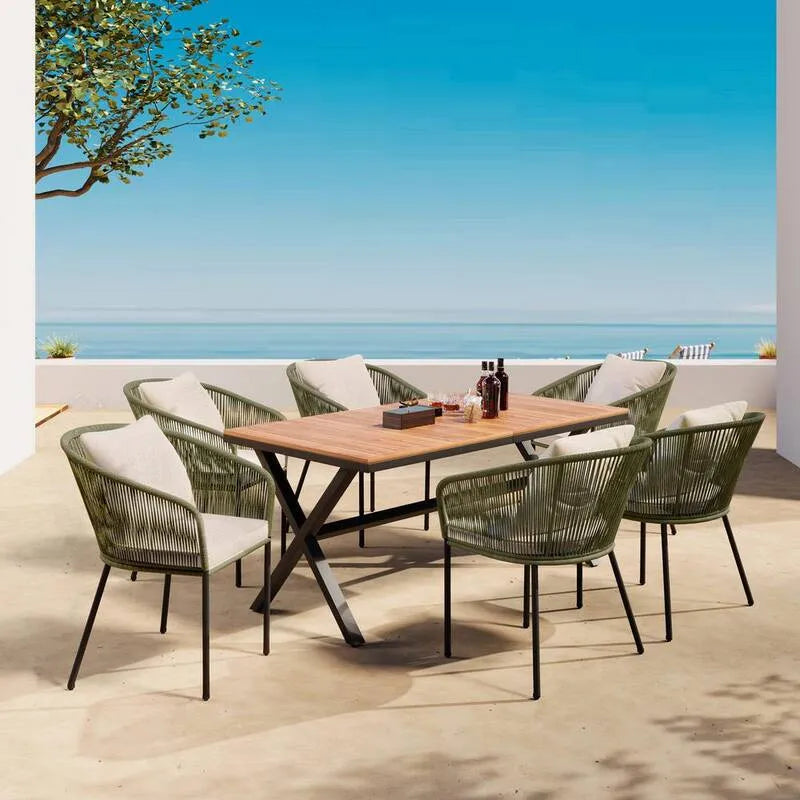 7 pezzi Set da pranzo all'aperto in metallo con struttura verde 7 pezzi, piano da tavolo in legno di Acacia per giardino, Beige