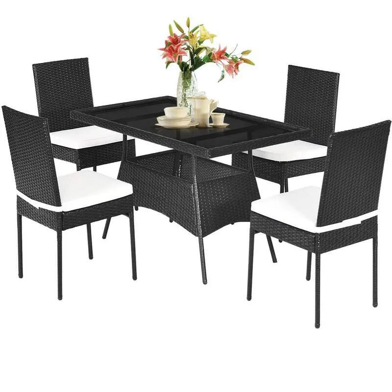 5 pezzi Set da pranzo all'aperto del parrucchiere 5 pezzi, Set da pranzo all'aperto del tergicristallo con tavolo di vetro e cuscini di beige, nero
