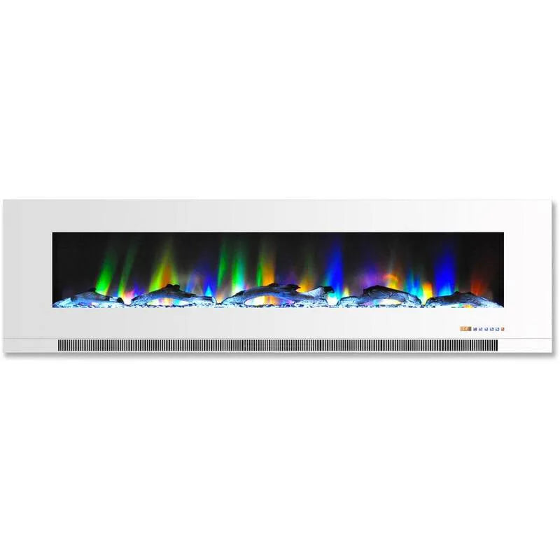 60 in., 60 in. Caminetto elettrico a parete in bianco con flami multicolore e display a log di legno di seta, Camini elettrici montati su tutto
