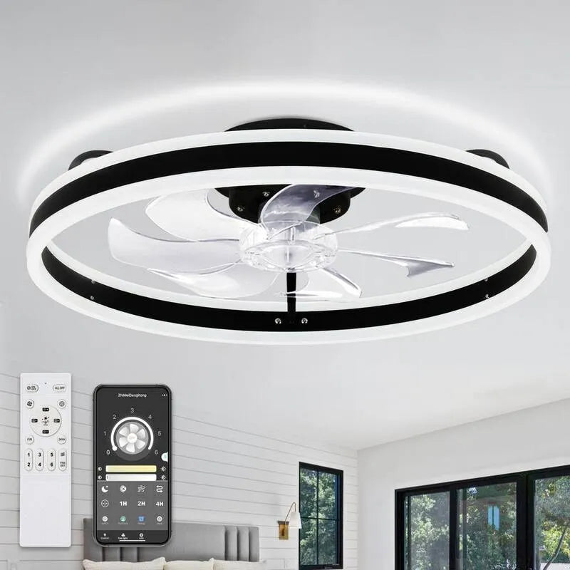 Ventilatore da soffitto, 20 pollici, Montaggio a flusso, da interno, Reversibile, Nero, Dimmerabile, Luce a LED