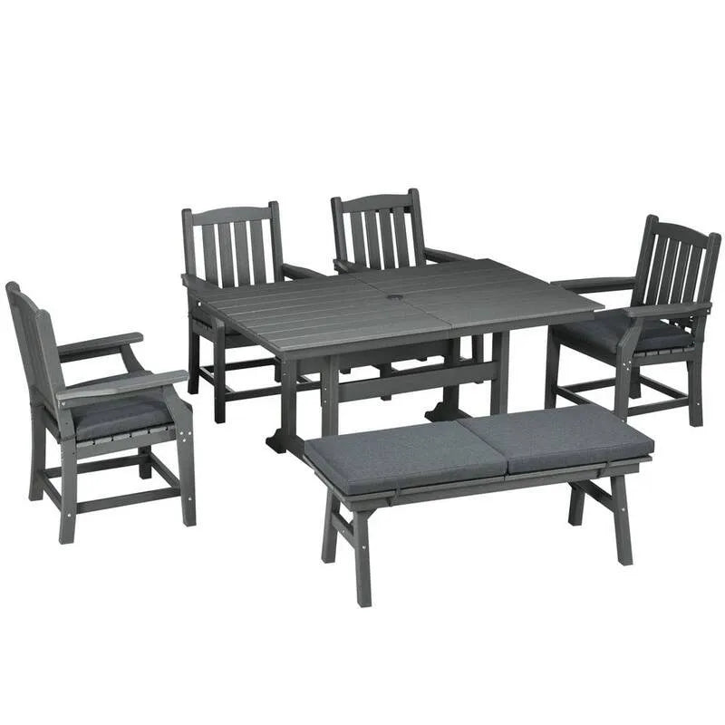 Set da pranzo all'aperto in plastica per pezzi 6 pezzi, scuro, grigio set da pranzo all'aperto con cuscino grigio