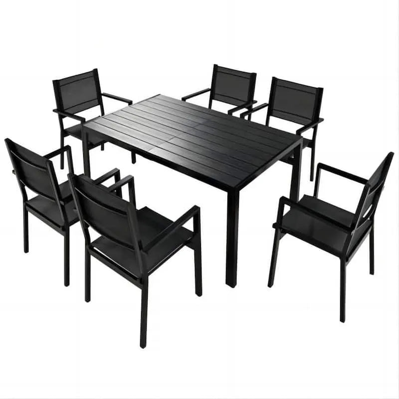 Tavolo da pranzo 7 pezzi, Balcone e cortile, Esterno, Metallo, Nero